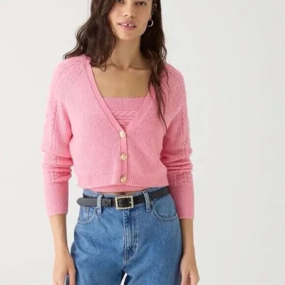 J. Crew Supersoft Cropped Cable-Knit Sweater Wool / Alpaca Blend Pink Medium M39